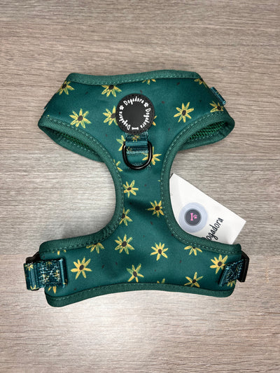 green fully adjustable dog harness with sunflowers and black dots. metal d ring lead attachment front and back