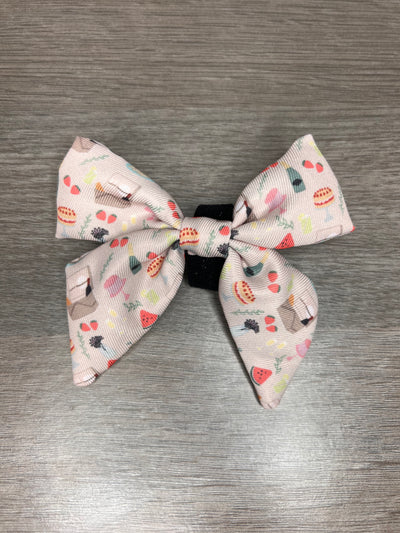 Bowtie with velcro strap for attachment, a design with watermelons,cake, pawsecco, strawberries and flowers