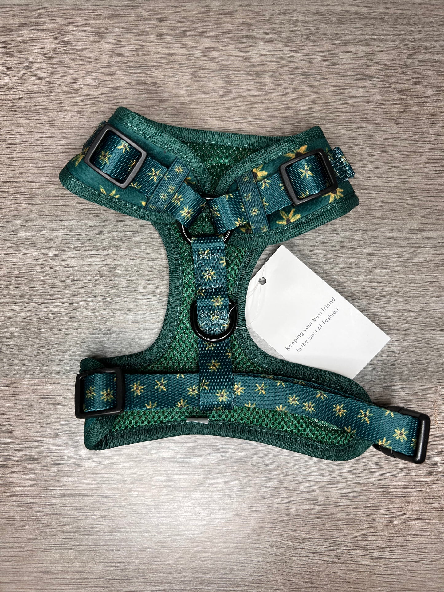 Green fully adjustable dog harness with sunflowers and black dots