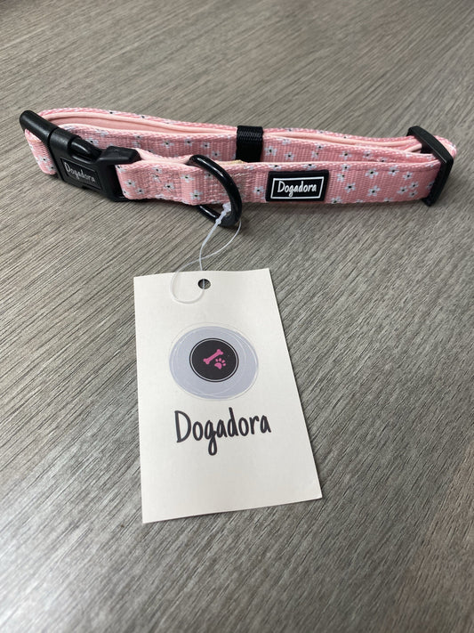 Dogadora Pink Blossom collar with plastic clip and metal D ring for lead attachment