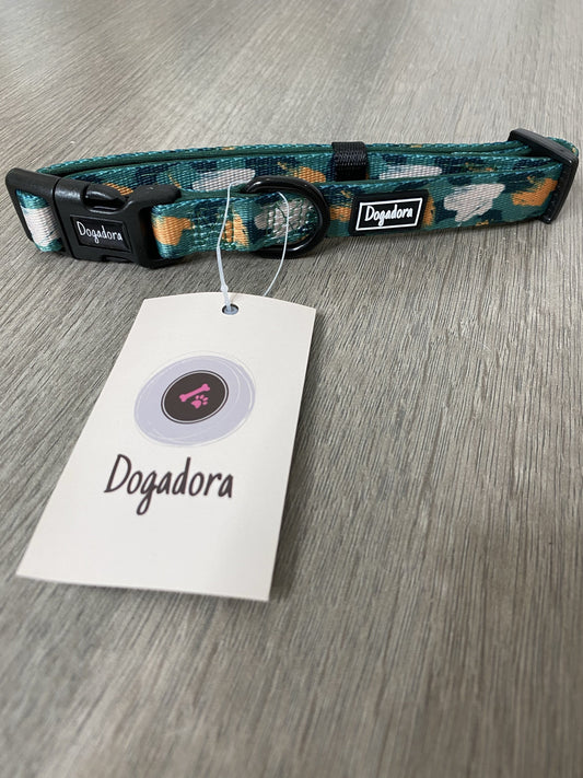 Stylish Dogadora Autumn Splash dog collar. plastic clip with sturdy metal d ring attachment for lead